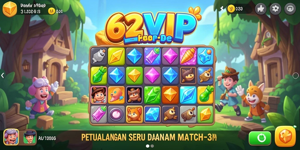 Tampilan gameplay 62VIP yang seru dalam menyelesaikan tantangan Match-3.