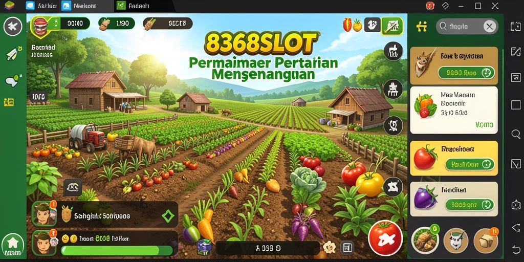 Screenshot utama gameplay 8368SLOT menunjukkan aktivitas bertani yang seru.