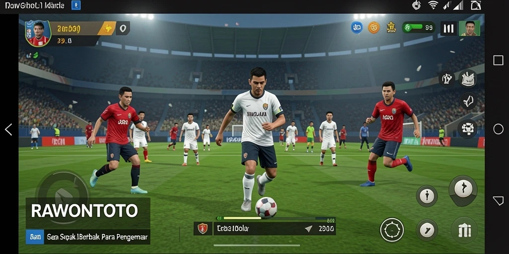 Screenshot utama RAWONTOTO menampilkan aksi seru dalam permainan sepak bola.