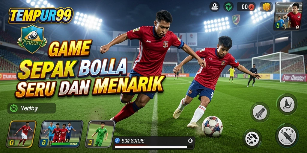Tampilan gameplay seru di TEMPUR99 dengan aksi sepak bola yang mendebarkan.
